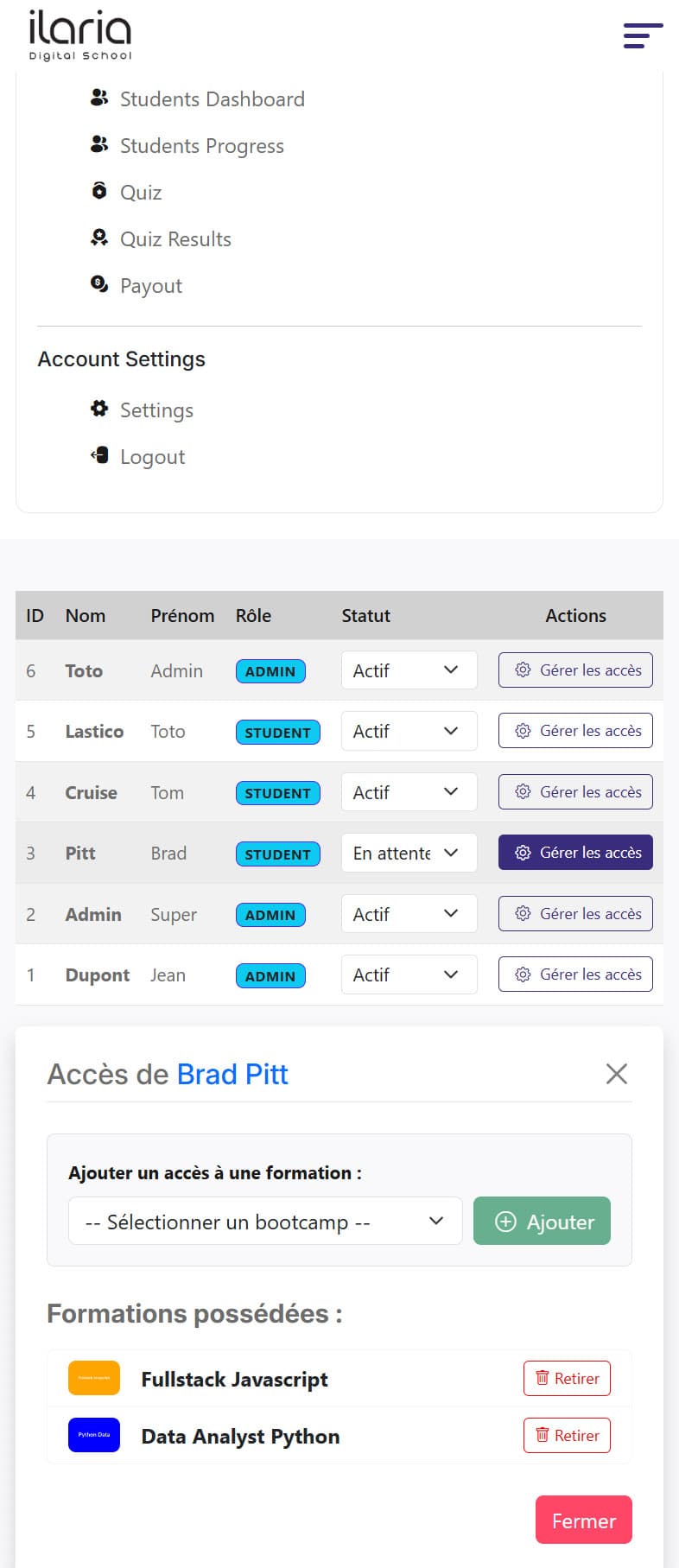 Vue additionnelle 2 de Plateforme eLearning (MVP) - Stage